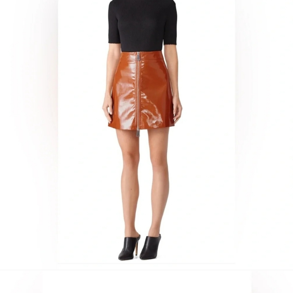 Ronnie Kobo Brown Patent Pleather Mini Skirt Zip Front Size S